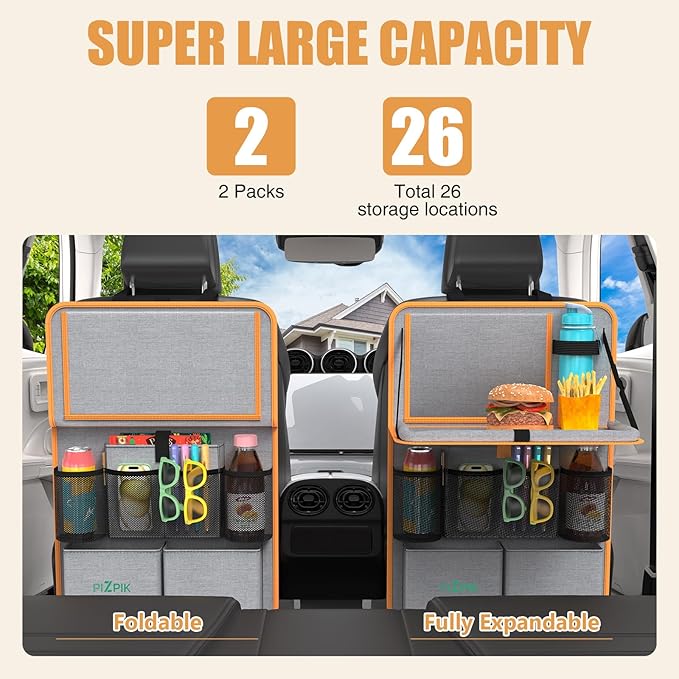 Car Backseat Organizer with Tablet Holder,11 Storage Pockets with Foldable Food Tray, Protector Kick Mats for Kids, Travel Accessories Organizer (Orange, 2Pack with Food Tray)