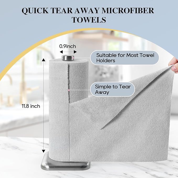 HONOVA Microfiber Cleaning Cloth Roll 45 Pack, Reusable Paper Towels Washable Roll, 12" x 12", Tear Away Microfiber Towels, Highly Absorbent, Lint Free Dish Rags for Kitchen, Window, Car, Shop(Grey)