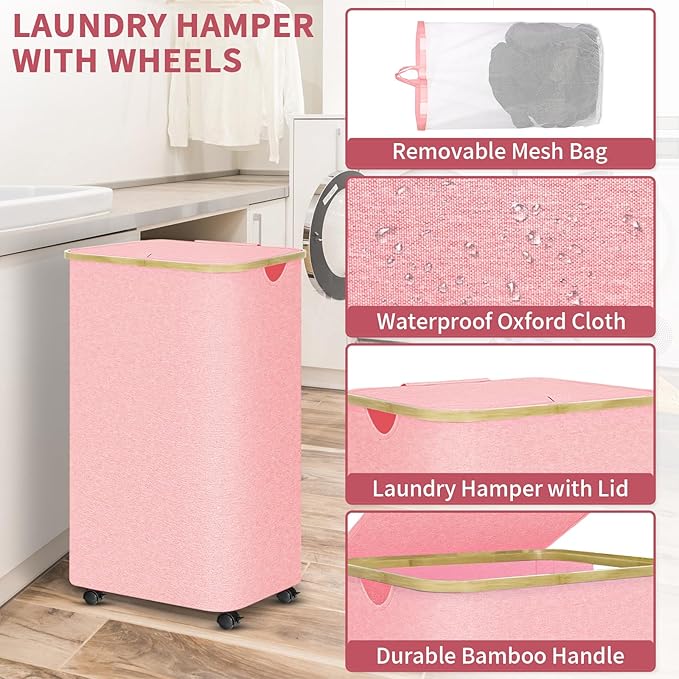 Pink Hamper with Wheels - 100L Large Laundry Hamper with Lid, Rolling Hamper on Wheels, Collapsible Laundry Basket with Removable Mesh Bag and Bamboo Handle for Easy Carrying