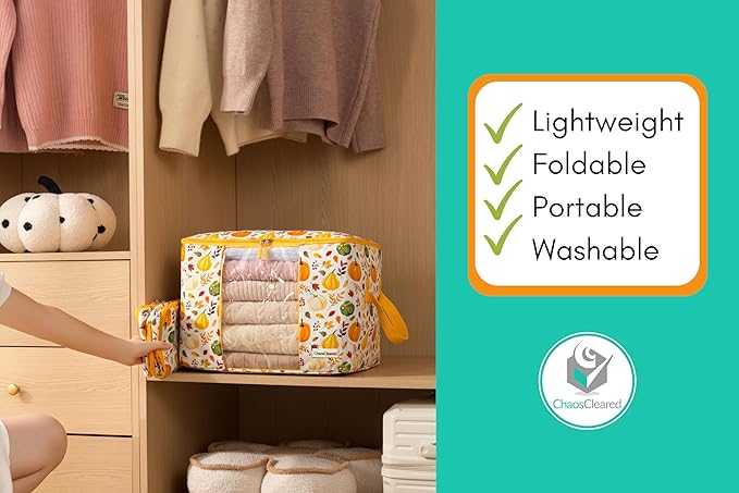 Chaos Cleared Canvas Storage Bags Designer Organizer 2 Pack – Seasonal Storage for Sweaters, Blankets, Linens & Garments – Foldable Design with Zip & Window, Moth-Proof Space Saver, Pumpkin Print