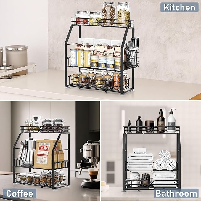 Spice Rack Organizer for Cabinet, 3 Tier Black Countertop Organizer Small Spice Rack, Kitchen Spice Shelf Organizer for Cabinet, Pantry, Bathroom, Bedroom, Coffee Station