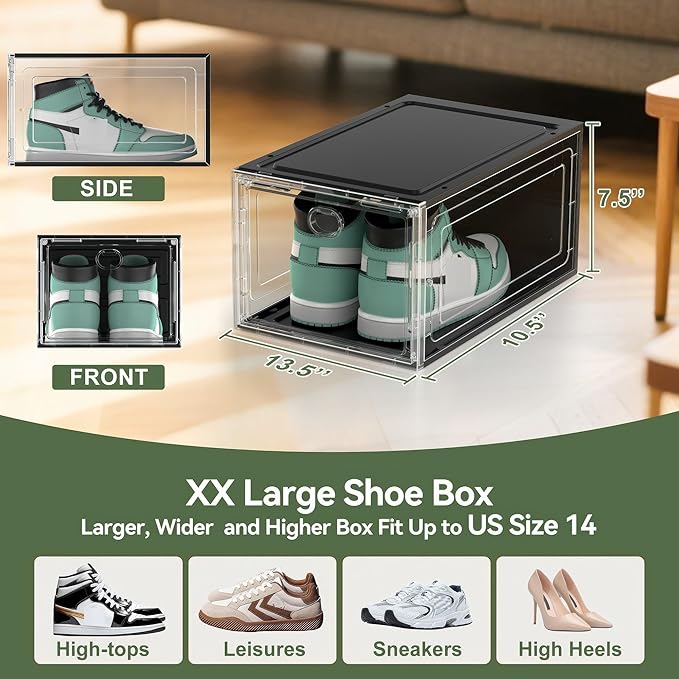 ALCCB Thicken Hard Clear Shoe Storage Organizer for Closet, 10 Pack Modular Plastic Stackable Shoe Storage Box Organizer, Shoe Sneaker Rack Display Case Containers Bins with Lids, Black Clear