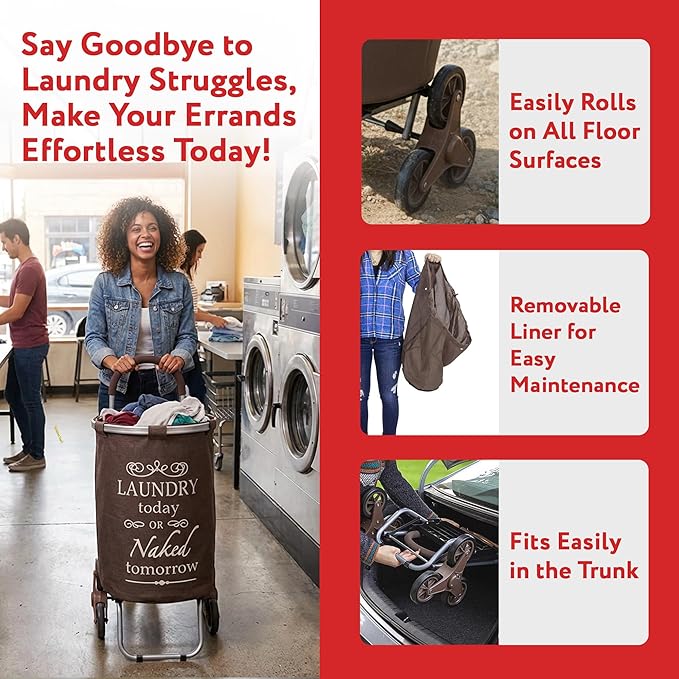 dbest products Stair Climber Laundry Trolley Dolly, Brown Laundry Bag Hamper Basket cart with wheels sorter
