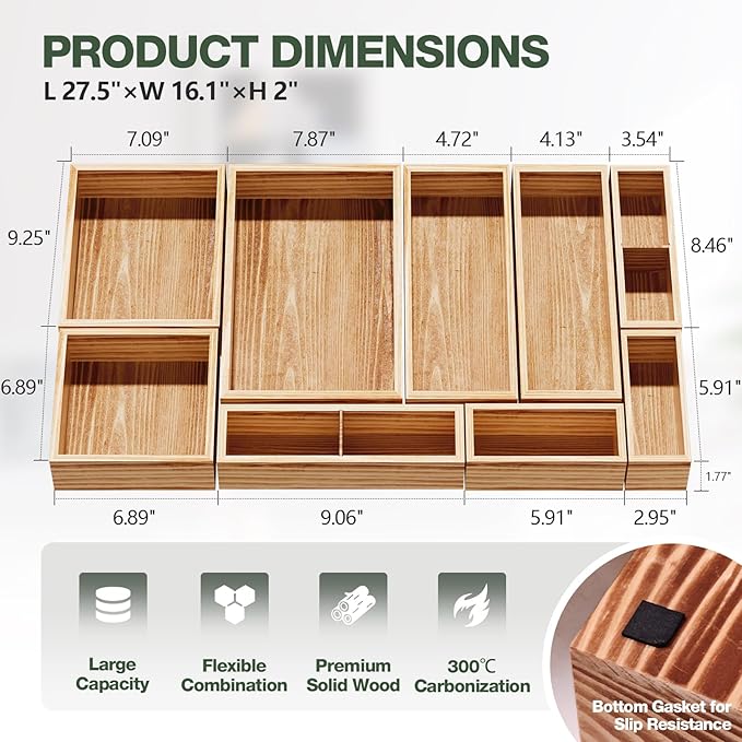 9-Pack Solid Wood Drawer Organizer, Modular Junk Drawer Organizer with Non-Slip Pad, Multi-Use Storage for Kitchen Office Bedroom Dresser for Utensil Stationery Makeup Stationery Tea & Coffee Pod