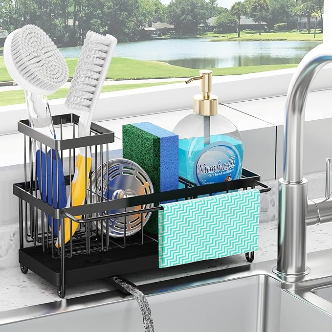 Godboat Sponge Holder for Kitchen Sink - Stainless Steel Sink Caddy Organizer with Towel & Brush Rack, Auto-Drain & 360° Swivel Spout, Bathroom Organizer for Soap Dispenser, Black (9.25" W X 4.1" D)