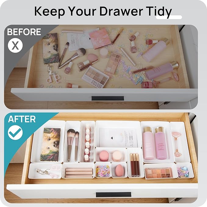 Vtopmart 44 PCS Plastic Drawer Organizers Set, 4-Size Versatile Bathroom and Vanity Organizer Trays, Non-Slip Storage Containers for Makeup, Jewelries, Bedroom，Kitchen Utensils and Office, White