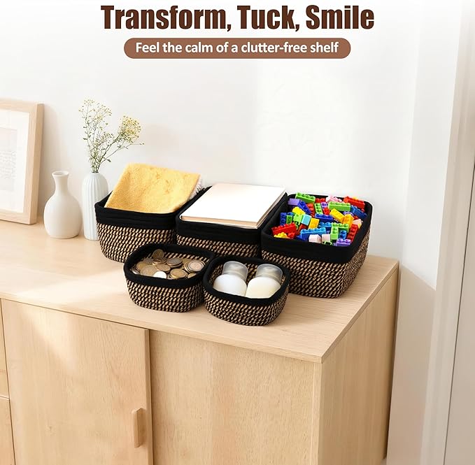 5-Pack Small Woven Rope Storage Baskets – 2 Sizes Organizer Bins for Closet, Shelf, Bookshelf, Nursery, Changing Table, Fabric Cube Boxes, Rectangular Shallow Bins for Bathroom, Toy & Home