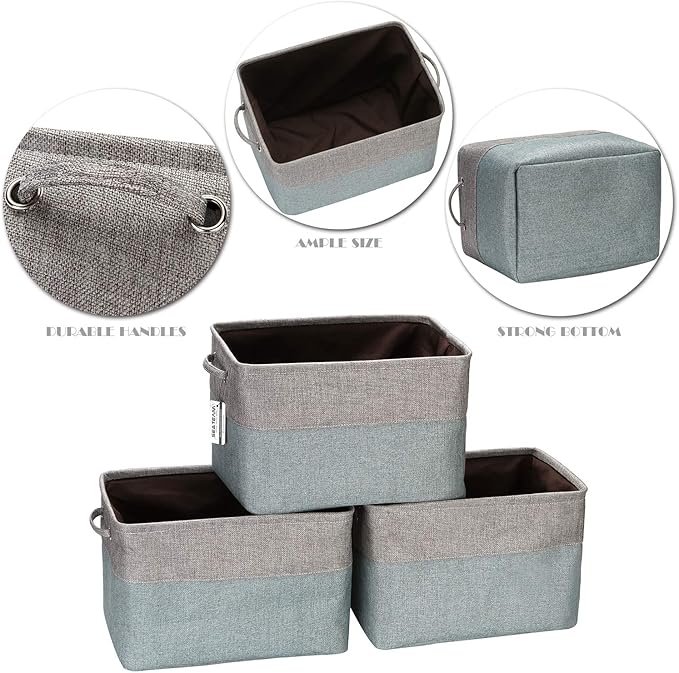 Sea Team 3-Pack Large Storage Basket Set, Trunk Organizer, Clothes Toys Bin, 15 x 10 x 10 Inches, Big Rectangular Canvas Fabric Collapsible Shelf Box with Handles for Kids Room (Grey/Stone Blue)