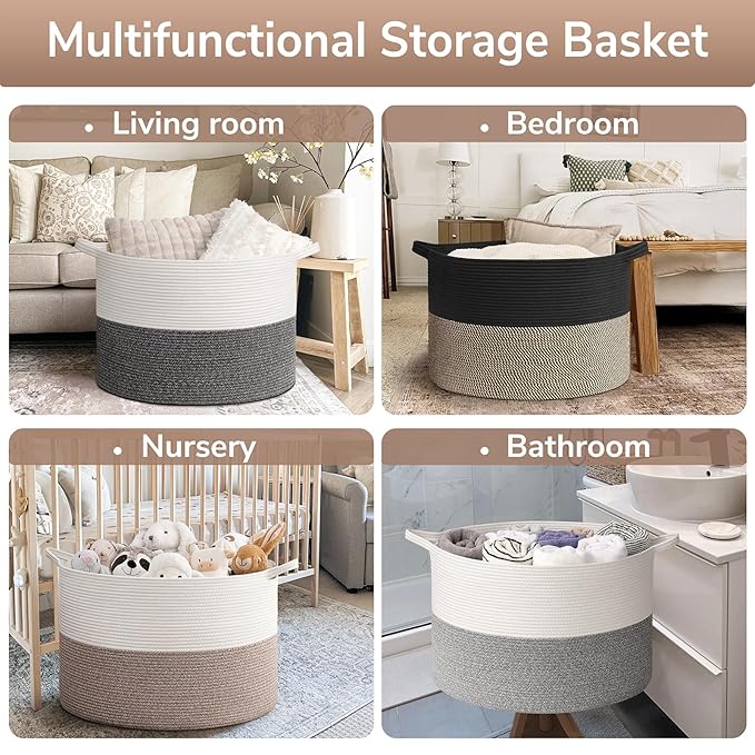 Goodpick 115L Extra Large Blanket Basket, 23.5"x23.5"x15.8" Woven Rope Basket for Storage, Kids Toy Storage for Nusery Room