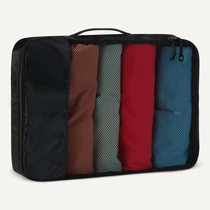 Amazon Essentials 4-Piece Packing Cubes Travel Accessories Set, Luggage Organizer with Double Zipper, Mesh Top, 100% Polyester, 2 Medium/2 Large, Black (Previously Amazon Basics)