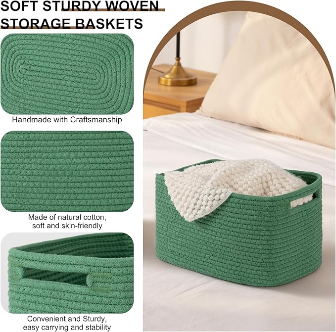 Storage Baskets for Organizing, Woven Decorative Baskets for Shelves - Books, Towels, and Clothes, Cotton Rope Toy Storage Bins, 12.7''Lx9''Wx7.8''H, Pack of 4, Green