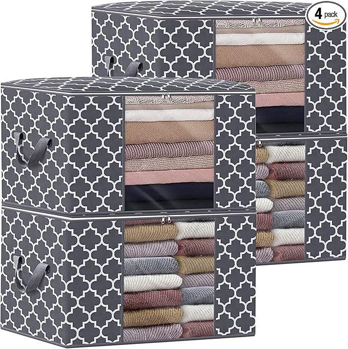 WISELIFE Storage Bags, Large Blanket Clothes Organization and Storage Containers for Bedding, Comforters, Foldable Organizer with Reinforced Handle, Clear Window,Sturdy Zippers,(Grey, 4 x 100L)