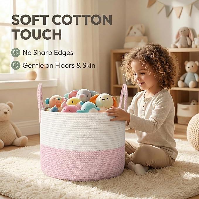 115L Extra Large Blanket Basket for Living Room - Woven Cotton Rope Laundry Hamper with Reinforced Handles - Storage Bin for Pillows, Comforters & Toys - Machine Washable,White&Pink