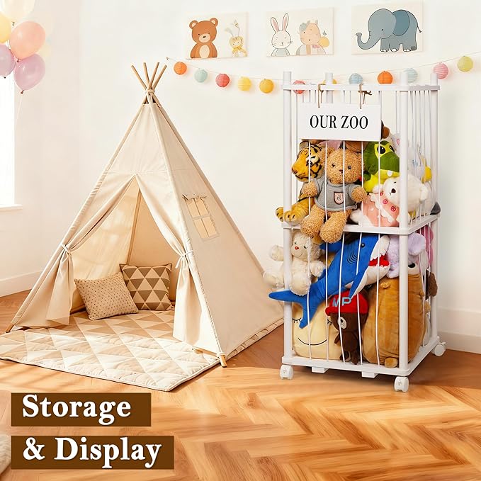 Stuffed Animal Storage Zoo, Wooden Stuffed Animal Organizer with Removable Wheels & 5-Row Elastic Cords, Space-Saving Plush Toy Storage Holder for Playroom, Bedroom, Nursery