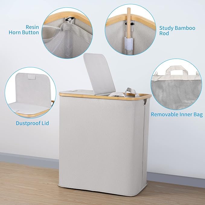 efluky Laundry Hamper with Lid, Double Laundry Hamper with 2 Removable Bags, 2 Section Laundry Basket with Bamboo Handles for Bathroom, Bedroom & Laundry Room, 140L (36.9 Gallon) Light Grey