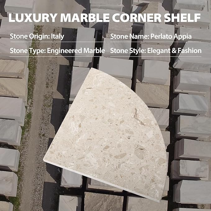 Koville Italian Marble Corner Shower Shelf for Bathroom, 10'' Marble Corner Shelves for Bath, Wall Mounted Stone Corner Shower Caddy, No Drilling Adhesive Shower Shelf - Perlato Appia (2-Layer)