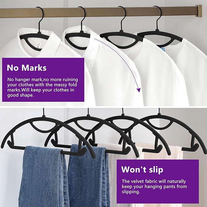 MIZGI Premium Velvet Hangers 50-Pack,No Shoulder Bump Hangers W/Tie Bar Ultra Thin Space Saving Non Slip Hanger Heavy Duty Felt Rounded Clothes Hanger for Sweaters,Coat,Jackets,Pants,Shirts