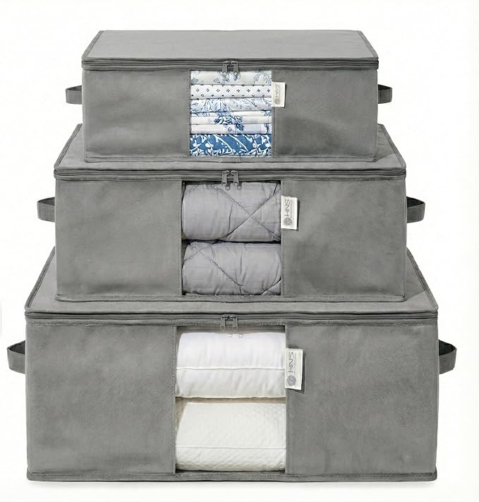 Cedar Storage Bag Organizer for Bedding Set - Protects from Moths, Moisture, Dirt & Dust - Set of 3 Storage Bags for Bed Sheets, Comforter, Pillows & More - Space-Saving Bedding Organizer, Gray