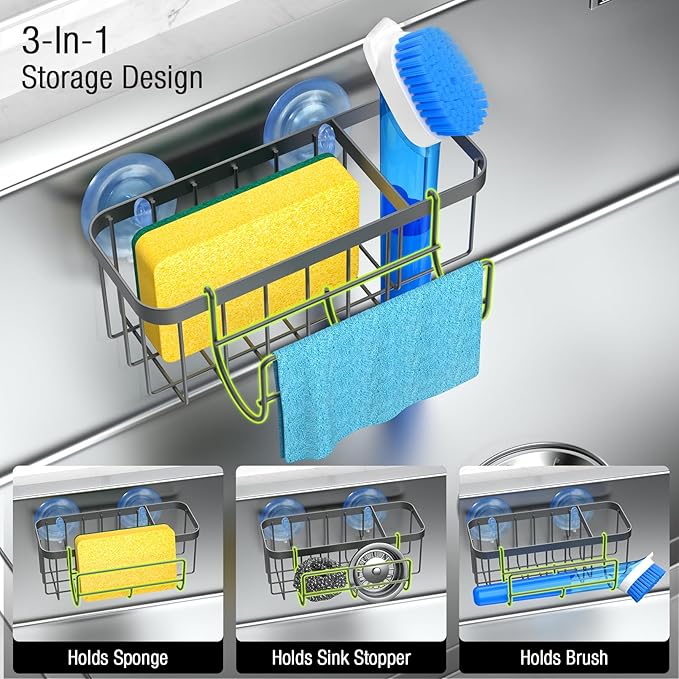 3-in-1 Kitchen Sink Caddy Organizer with Sponge Holder, Brush Holder, Extra Rack for Scrubber, Sink Stopper, Dish Cloth Hanger - Strong Dual Suction Cup, 2.0mm SUS304 Stainless Steel - Grey