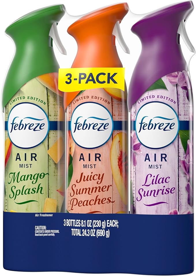 Febreze Air Mist, Air Freshener, Odor Fighting Room Spray, Deodorizer for Home Bathroom Kitchen Office Apartment Classroom, Lilac Sunrise, Summer Peaches, Mango Splash Variety Pack, 8.1oz (Pack of 3)