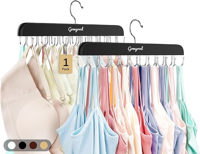Bra Hanger for Closet, 1 Pack Tank Top Hanger w/20 Hooks Capacity Foldable Wood Space Saving Hangers, 360°Rotating Closet Organizers and Storage for Dorm & Apartment for Bra Scarf Ties(Black)