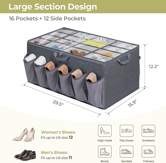 Shoe Organizer for Closet, Shoe Storage Solution with Clear Cover & Adjustable Dividers, Fabric Shoe Box Fits 16 +12 Pairs Shoes, Grey, 2-Pack