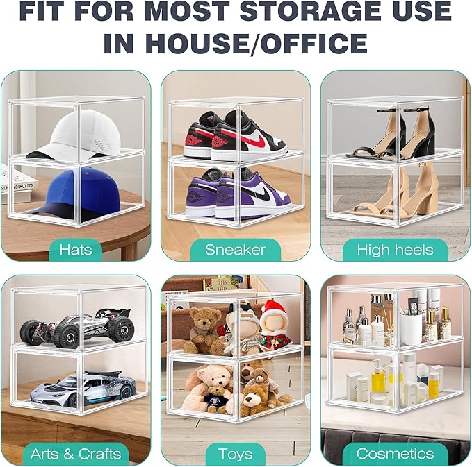 2 Pack Drop-Front Clear Shoe Storage Box Acrylic Box Shoe Organizer Size 12, Stackable Shoe Tower with Magnetic Door Storage Cubbies for Sneaker Containers Boot Display & Closet Organization