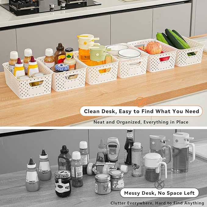 12 Pack Plastic Storage Baskets for Organizing, Storage Baskets for Shelves with Handles, Small Storage Bins with Labels, Organizer Baskets for Cabinet,Closet, Office