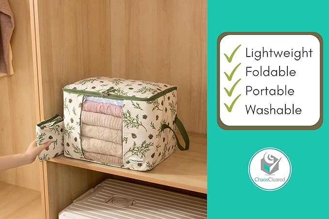 Chaos Cleared Canvas Storage Bags Designer Organizer 2 Pack – Seasonal Storage for Sweaters, Blankets, Linens & Garments – Foldable Design with Zip & Window, Moth-Proof Space Saver, Mistletoe Print