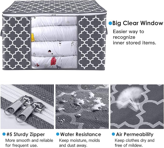 WISELIFE Storage Bags, Large Blanket Clothes Organization and Storage Containers for Bedding, Comforters, Foldable Organizer with Reinforced Handle, Clear Window,Sturdy Zippers,(Grey, 3 x 100L)