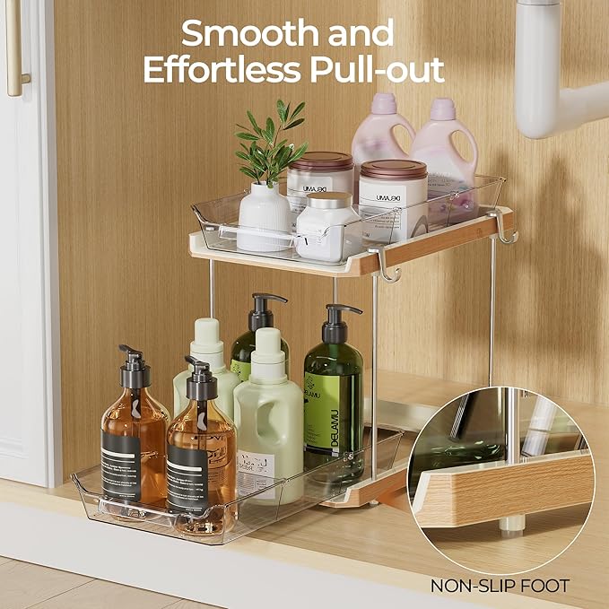 Delamu 2 Tier Bathroom Under Sink Organizers and Storage with Hook, Multi-Purpose Cabinet Drawers with Movable Dividers, Pull Out Organization for Countertop, Kitchen and Pantry(Wood Grain, 2 Pack)