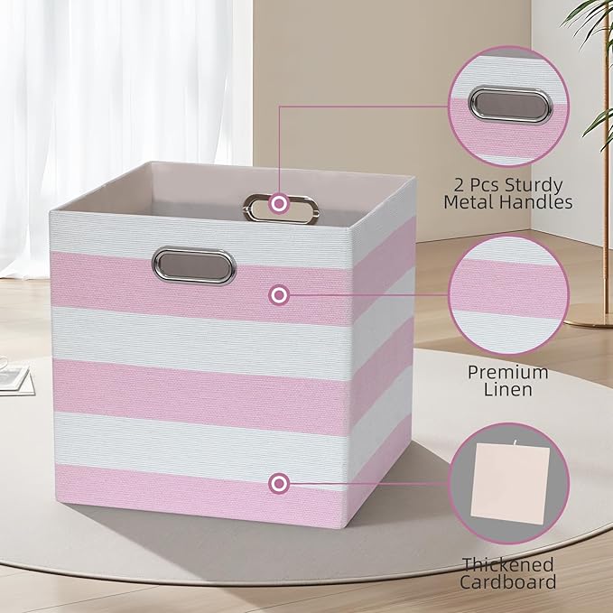 13x13x13 Storage Cube Bins, Foldable Storage Cubes Cubby Baskets Organizer Cloth Bins for Cube Storage Organizing Shelf Closet, Pack of 4, Pink/White Stripe