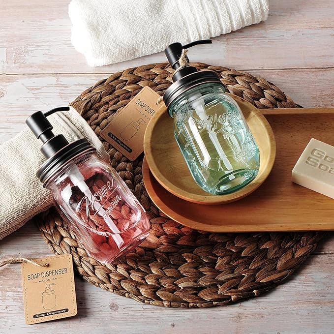 Amolliar Mason Jar Liquid Soap Dispenser, Rustproof Stainless Steel Replacement Pump Lid, Cute Farmhouse Decor for Kitchen, Bathroom, Refillable Hand Soap, Dish Soap, Lotion Soap, Rubbed Bronze-2 Pack