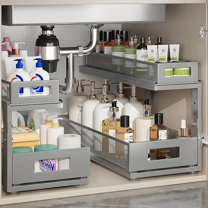 Corbyles 2 Pack 18.5IN-Depth Under Sink Organizer With Next-Gen Ball-Bearing Slides,2-Tier Pull Out Cabinet Storage,Height Adjustable Drawer Shelf for Bathroom,Kitchen,Laundry,Cabinet,Pantry-Gun Gray