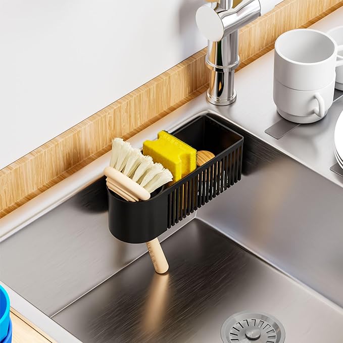 SUOXING Rustproof Sponge Holder for Kitchen Sink,2-in-1 Dish Wand Holder with Suction Cup and Adhesive for Scrub Brush,Scrubber,Dish Sponge,Spinge Holder,In Sink Organizer & Basket Accessories,Plastic