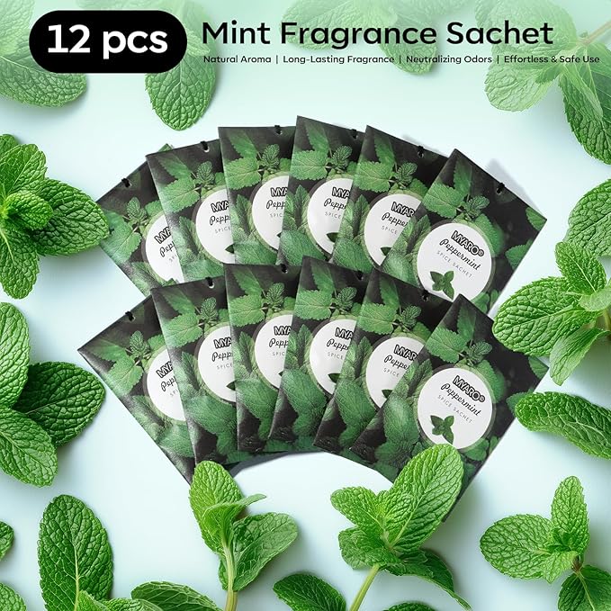 MYARO 12 Pack Peppermint Scented Sachets for Drawer, Closet & Car Odor Eliminator & Air Freshener Bags | Crisp, Cool Mint Fragrance for Shoes, Gym Bag & Home