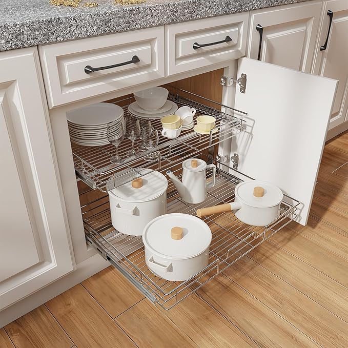 ROOMTEC Individual Pull Out Cabinet Organizer (31½" W x 21½" D), 2 Tier Spice Rack Organizer for Cabinet, Slide Out Drawer Pantry Shelf Organization and Storage for Kitchen Bathroom