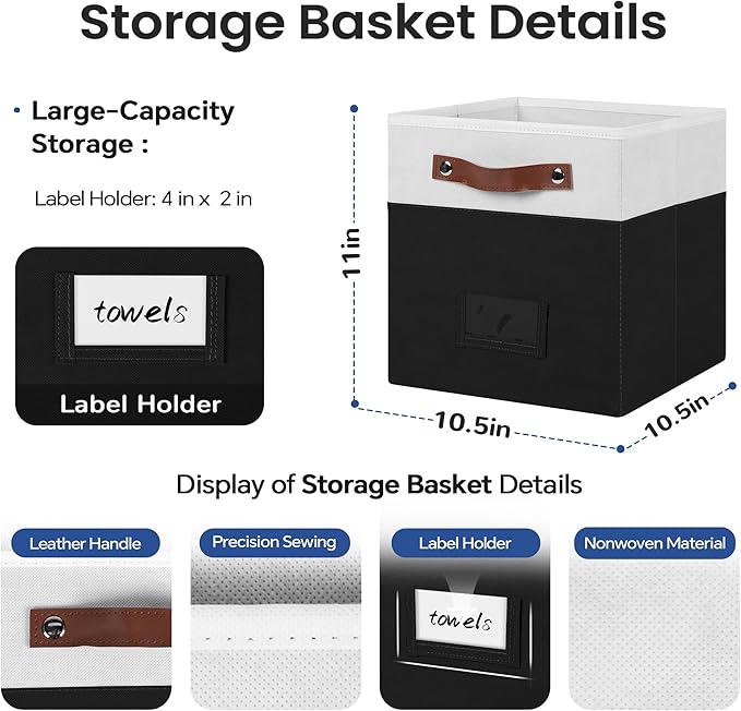 6-Pack Storage Cubes with Handles & Label Holders Basket, Closet Cube Home Organizer Bins(White/Black, 10.5 x 10.5 x 11 inch)