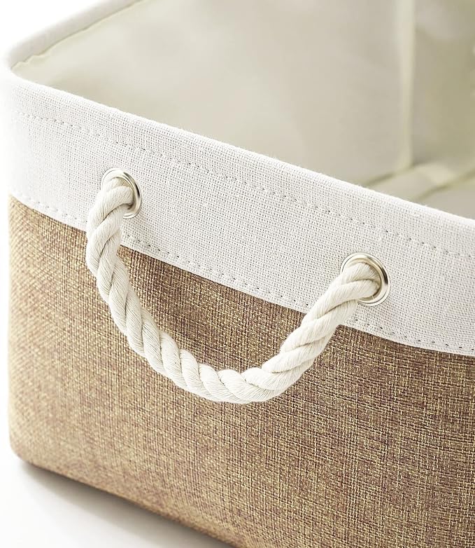 Sacyic Fabric Storage Baskets - Rectangular Baskets for Organizing Fabric, Shelves & Decorative Use (White & Khaki)
