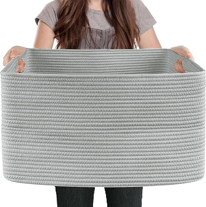 Extra Large Rectangle Storage Basket, 23.6" x 17" x 12" Gray Blanket Storage for Living Room, Large Soft Woven Cotton Rope Bin for Organizing, Kids Dog Wicker Toy Box Organizer