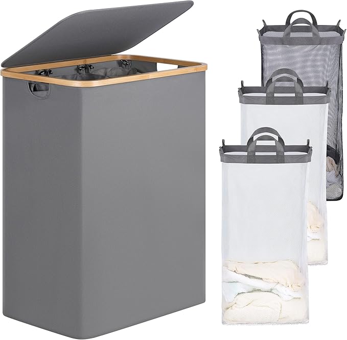efluky Laundry Hamper with Lid, Trio Laundry Hamper with 3 Removable Bags, 3 Section Laundry Basket with Bamboo Handles for Bathroom, Bedroom & Laundry Room, 160L Silver Grey