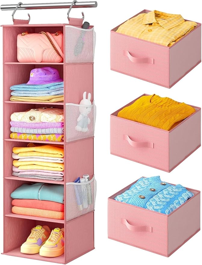 Pipishell Hanging Closet Organizer 6-Shelf, Hanging Shelves for Closet with 3 Removable Drawers & Side Pockets for Bedroom, Garment Rack and Wardrobe Organization, 12' x 12' x 43.3', Pink