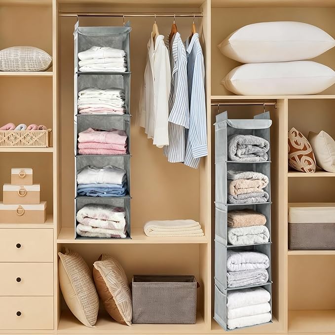 5-Shelf Hanging Closet Organizer and Storage, Closet Hanging Storage Shelves for Clothes, Towels, with Side Pockets and 2 Sturdy Hooks for Storage, Foldable (Grey)