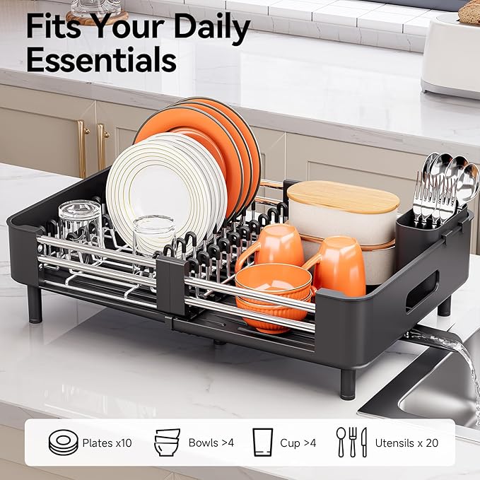 Stainless Steel Dish Drying Rack - Dish Drainer for Kitchen Counter, Extendable Drainboard with Foldable, Space-Saving Cup & Bowl Organizer, Includes Knife and Utensil Holder, Black