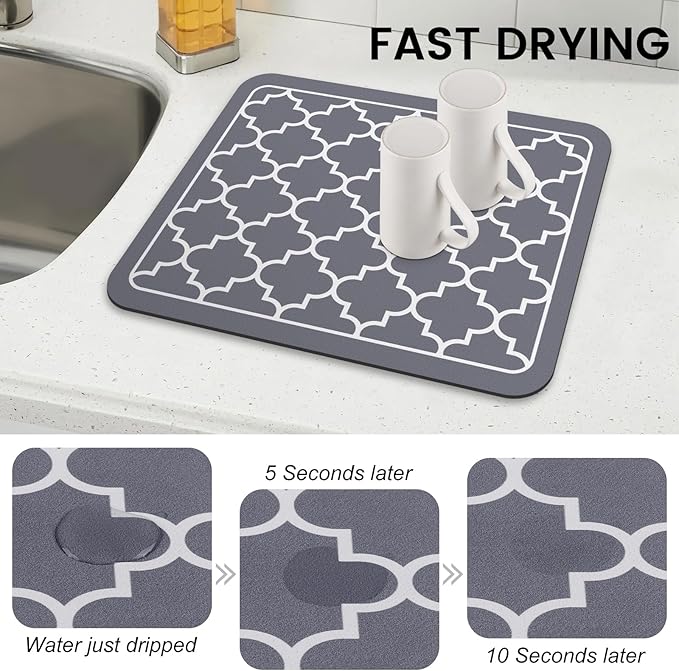 WISELIFE Dish Drying Mat Super Absorbent Drying Mat Large Dish Drying Mats for Kitchen Counter Easy Clean Dish Mat Kitchen Drying Mat15"x 18" Stylish Grey