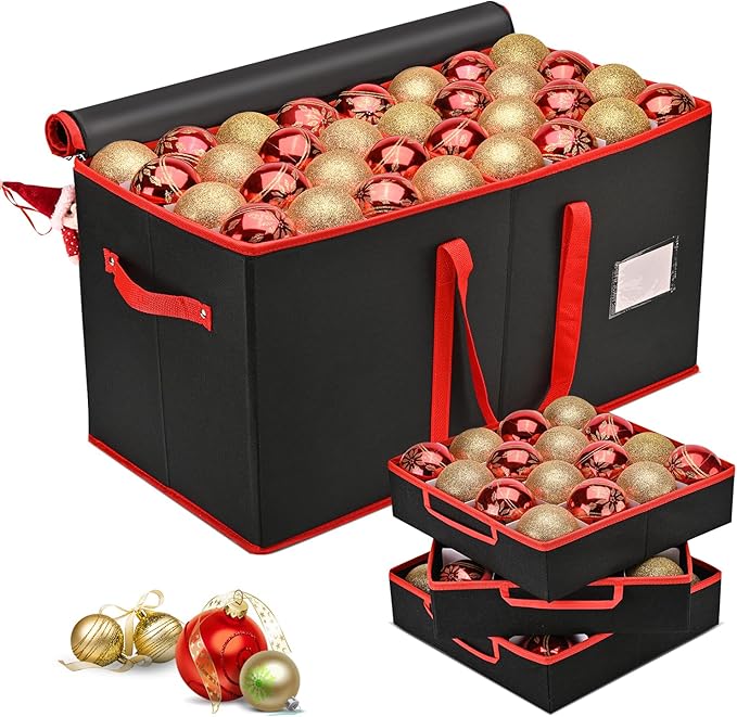 Mrrihand Christmas Ornament Storage Box, Ornament Storage Container with 8 Trays-Xmas Decoration Organizer Keeps 128 Holiday Ornaments 3-Inch, Dual Zipper Closure, 600D Tear-Proof（Black）