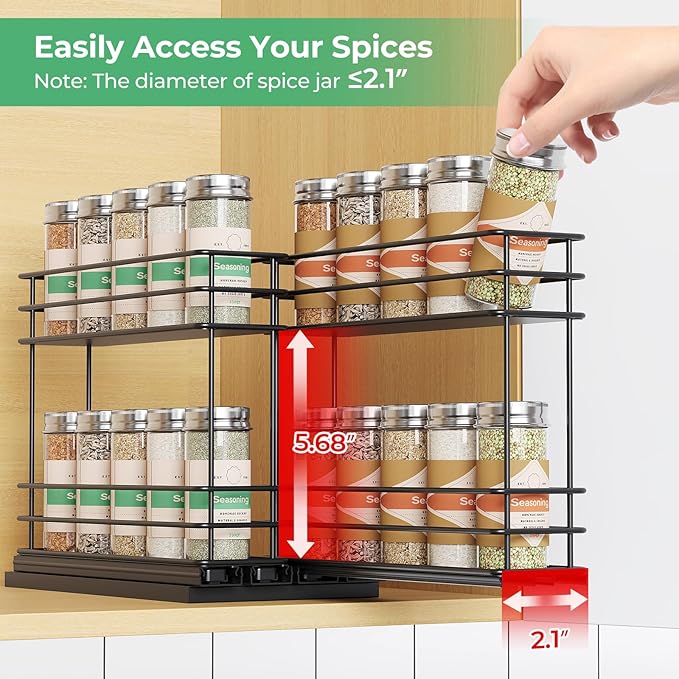 Pull Out Spice Rack Organizer for Cabinet, Slide Out Spice Racks, Easy to Install Spice Cabinet Organizers, 5.28" Wx10.43 Dx8.26 H, 2 Drawers 2 Tiers(Black)