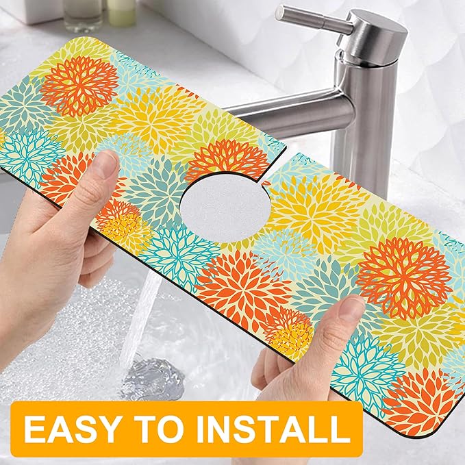 2 Pack Abstract Flowers Sink Splash Guard Faucet Mat Vintage Floral Super Absorbent Fast Drying Mat Sink Gadgets-Splash Guard Behind Faucet Drip Catcher for Kitchen Bathroom, 15.5"x5.5"