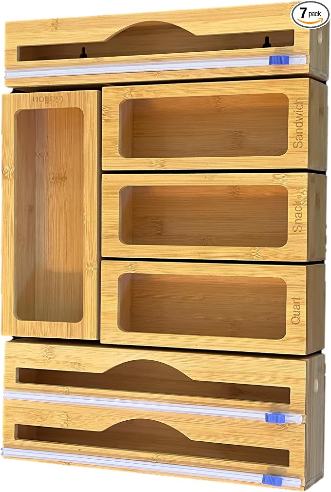 Incredinest Bamboo Drawer Organizer Bag Holder – Modular Design Zip Lock Bag Organizer Plastic Wrap Dispenser with Cutter – Baggie Organizer for Drawer with Single and Double Wrap Dispenser