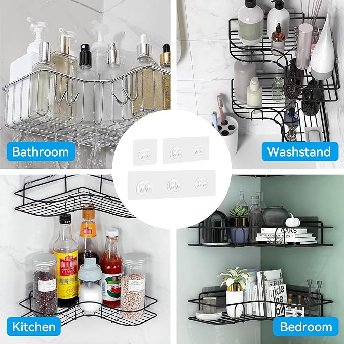 GETRIC 4 Pack Shower Caddy Adhesive Replacement, Adhesive Shelves Hooks Caddy Shelves Rack Basket Organizer Shower Sticker Bathroom Hanging Hook No Drilling Sticky Hanging Hooks (Style 2)